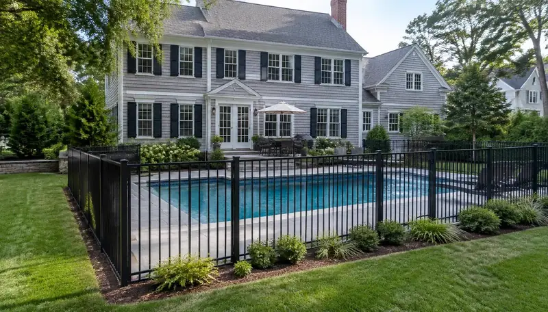 Aluminum pool fence behind a Colonial in Lexington, MA