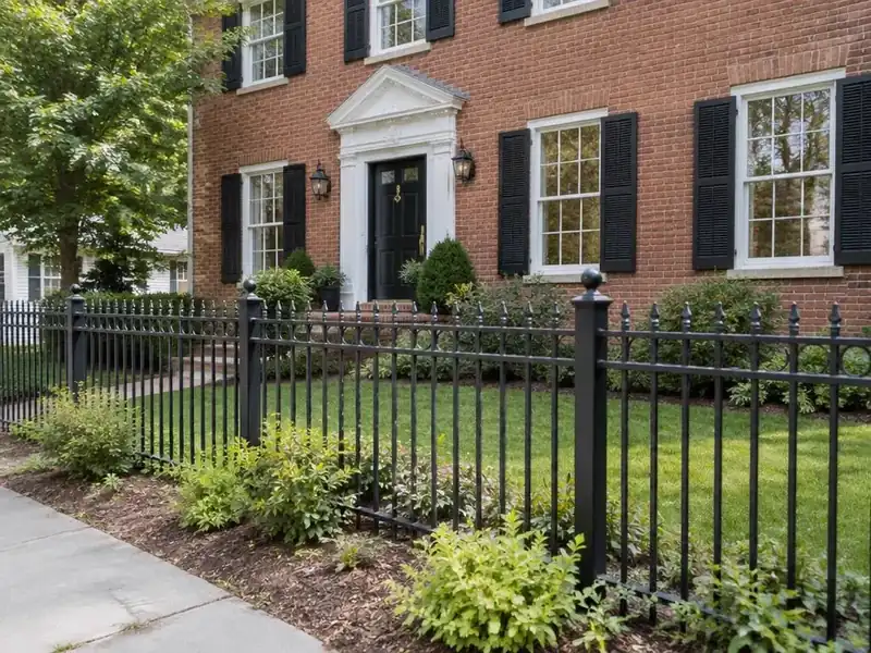 Black ornamental aluminum fence in front of a brick Colonial in Massachusetts