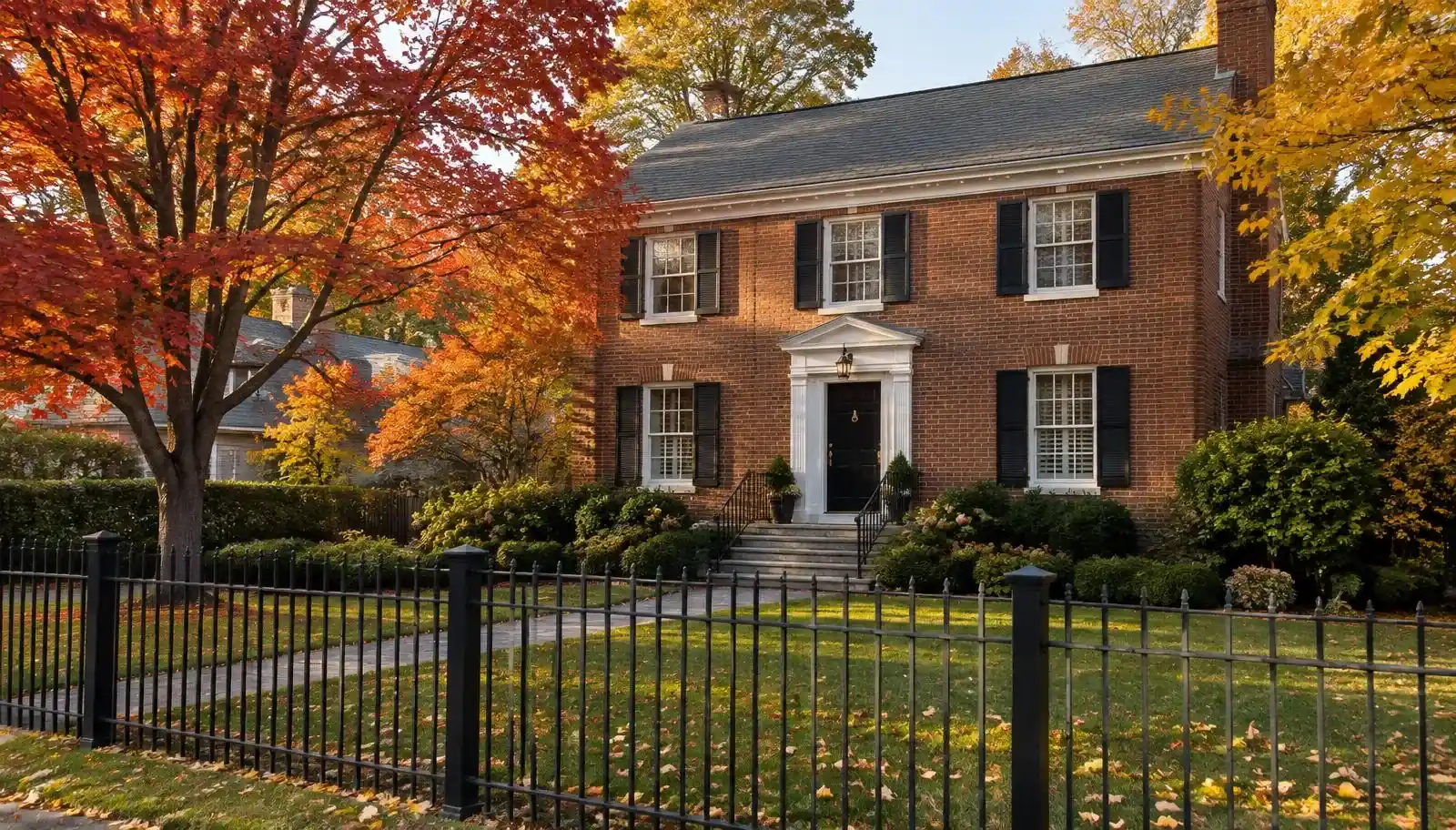 Black ornamental aluminum fence in front of a Brookline brick home in Brookline, MA in fall