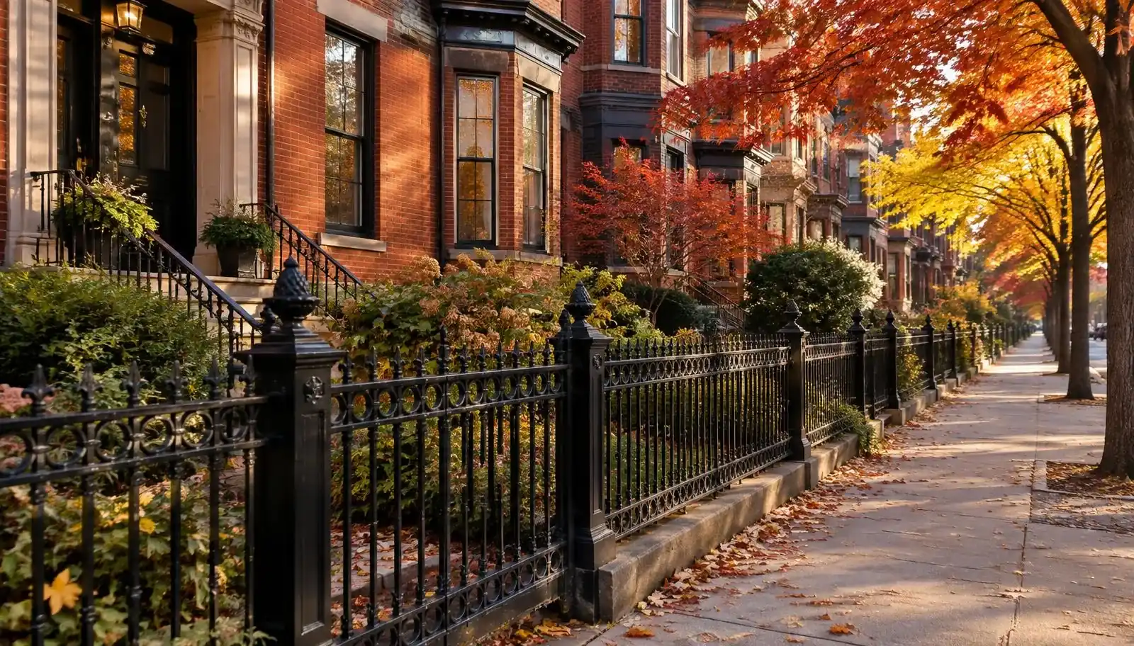 Black ornamental aluminum fence in front of a brick rowhouse on a tree-lined street in Greater Boston in fall