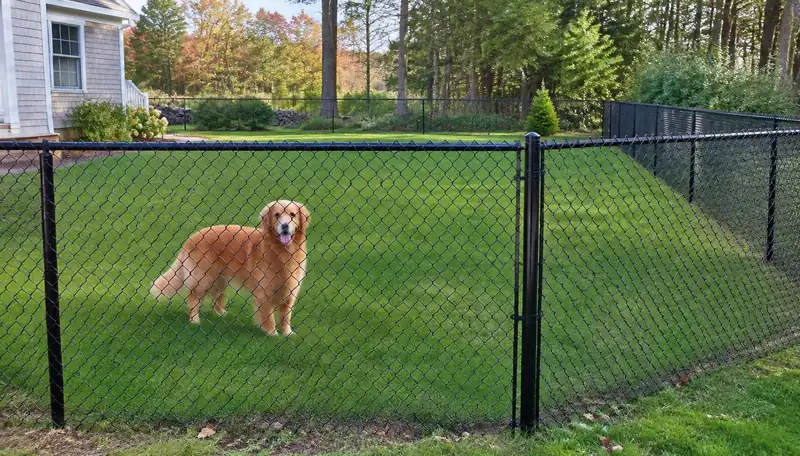 Dog run enclosed with black chain link in Greater Boston