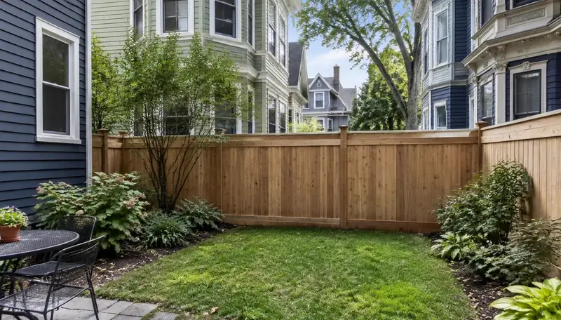 Vinyl privacy fence in a small backyard in Watertown, MA