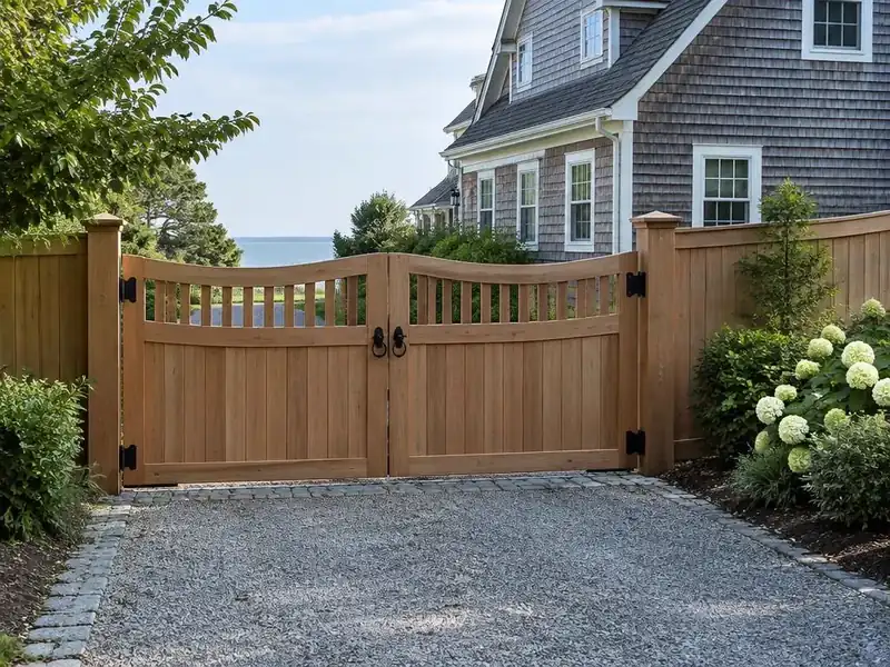 Cedar double drive gate at a shingle-style home in Massachusetts