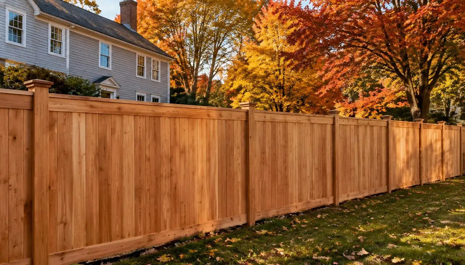 Cedar board-on-board privacy fence along the backyard of a clapboard Colonial, soft daylight in Greater Boston in fall