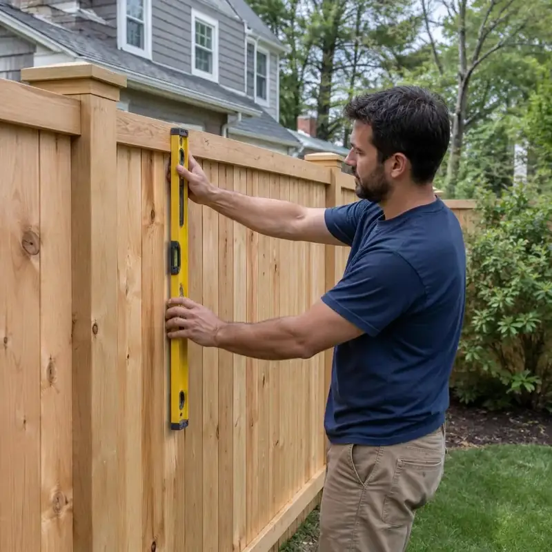 Crew in navy shirts with a finished fence in Watertown, MA