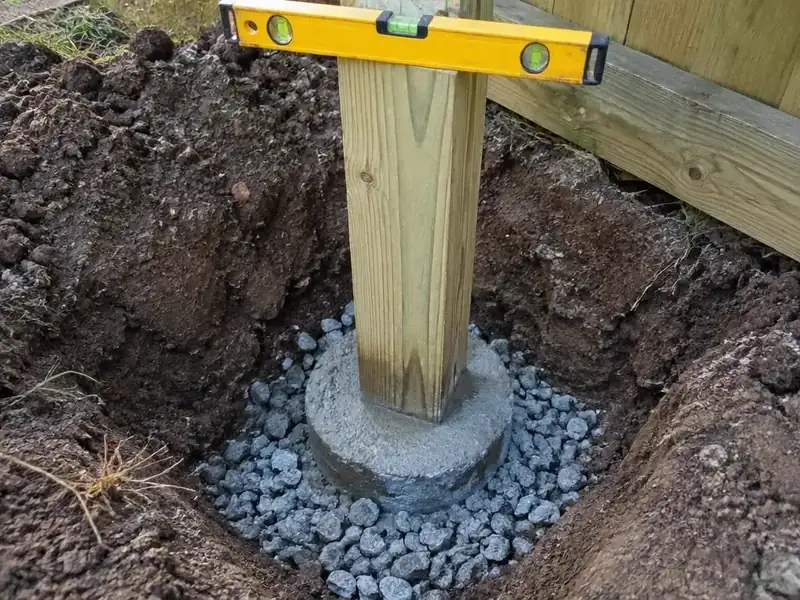 Close-up of a fence post set in a footing with a level on top in Greater Boston