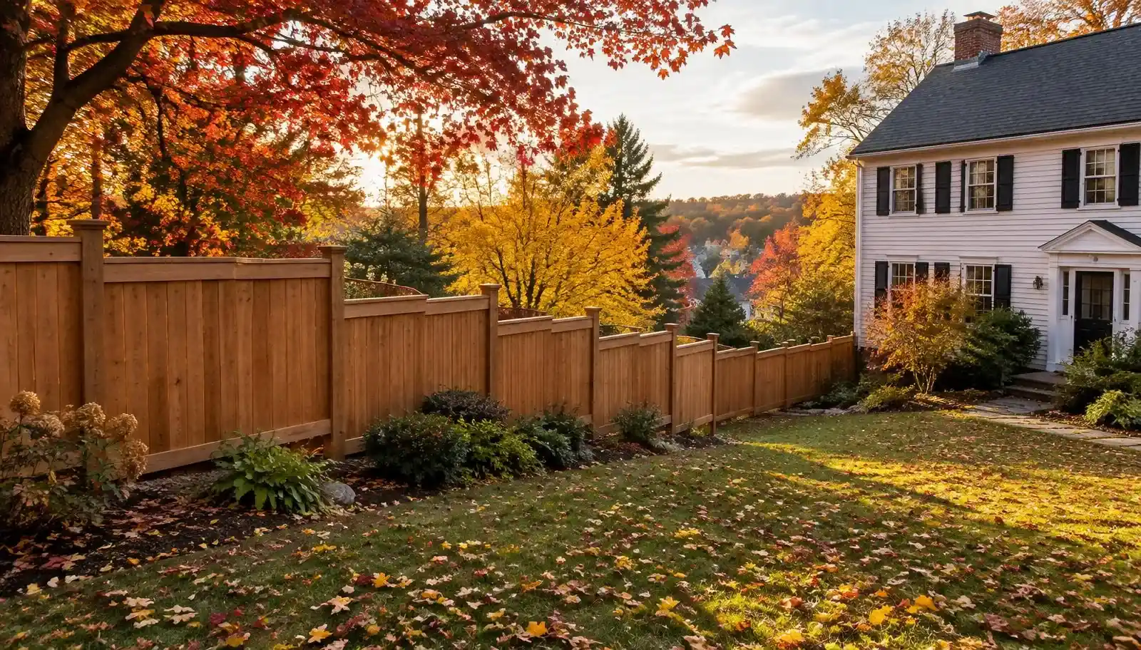 Cedar privacy fence stepped down a sloped backyard with mature trees in Belmont, MA in fall