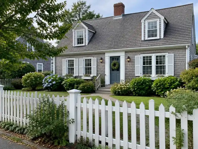 White picket fence in front of a Cape Cod home in Massachusetts