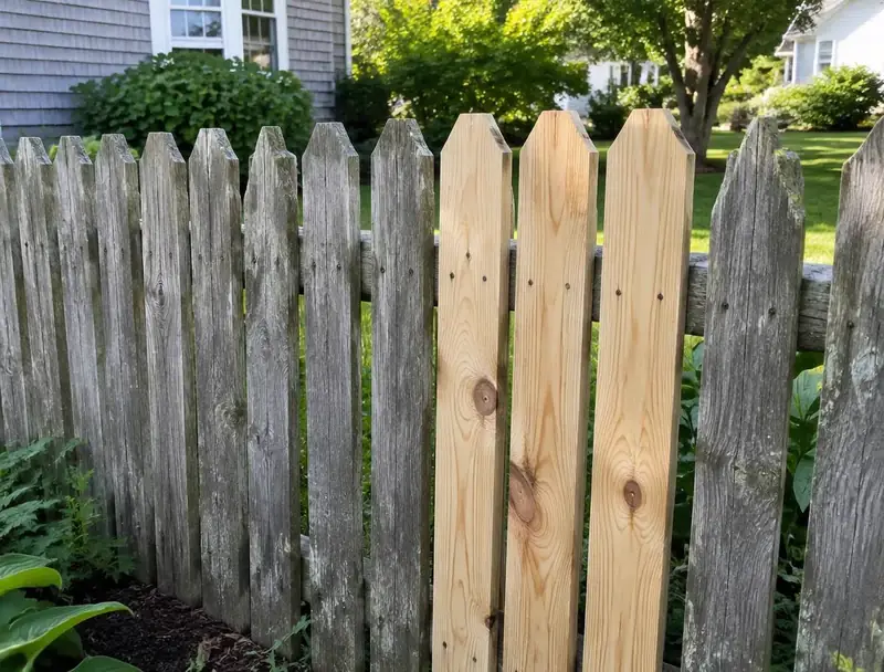 Wood picket fence repaired with new boards in a Massachusetts yard