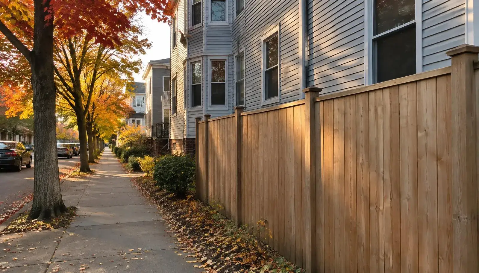Privacy fence behind a Boston triple-decker on a narrow lot in Boston, MA in fall